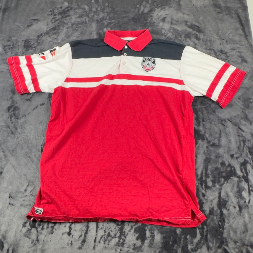 Coogi Polo Shirt Mens XXL Red Colorblock Crest Patch Striped Sleeve Short Sleeve